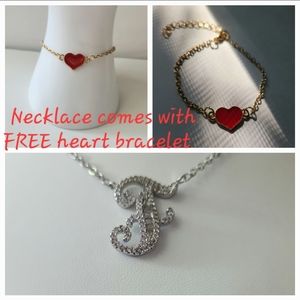 Initial "F" Pendant Necklace with a free heart bracelet gift